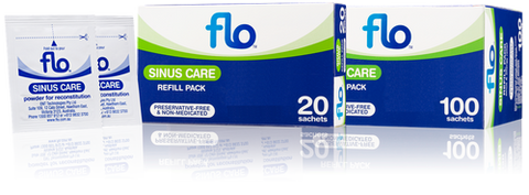 Flo Sinus Care Refill Kit 20 Sachets Front of Packaging (Box & Bottle)