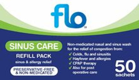 Flo Sinus Care Refill Kit 50 Sachets Front of Packaging (Box & Bottle)