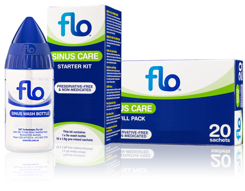 Flo Sinus Care Starter Kit 12 Sachets Front of Packaging (Box & Bottle)