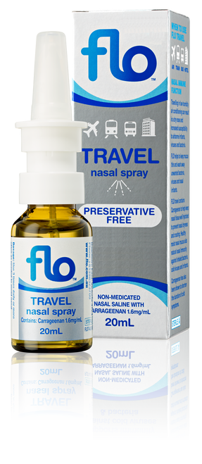 Flo Travel Nasal Spray 20ml Front of Packaging (Box & Bottle)