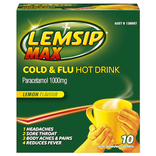 Front of Lemsip Max Decongestant Cold and Flu Hot Drink Lemon Flavour 10 sachets packet