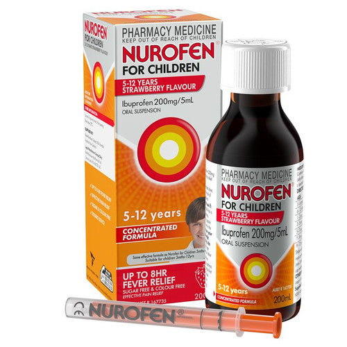 Nurofen For Children 5-12yrs Pain and Fever Relief Concentrated Liquid Strawberry 200mL