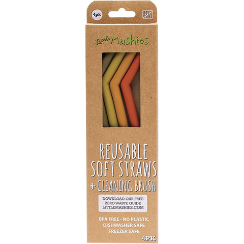 LITTLE MASHIES Reusable Soft Silicone Straws Earth Tones + Cleaning Brush 4