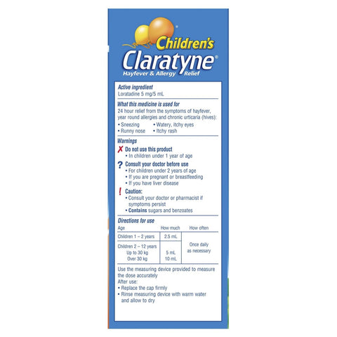 Claratyne Children's Hayfever & Allergy Relief Antihistamine Peach Flavoured Syrup 150mL