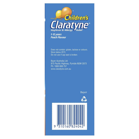 Claratyne Children's Hayfever & Allergy Relief Antihistamine Peach Flavoured Syrup 150mL