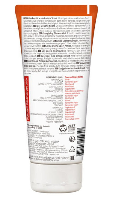 Weleda Arnica Sports Shower Gel back of tube 200ml